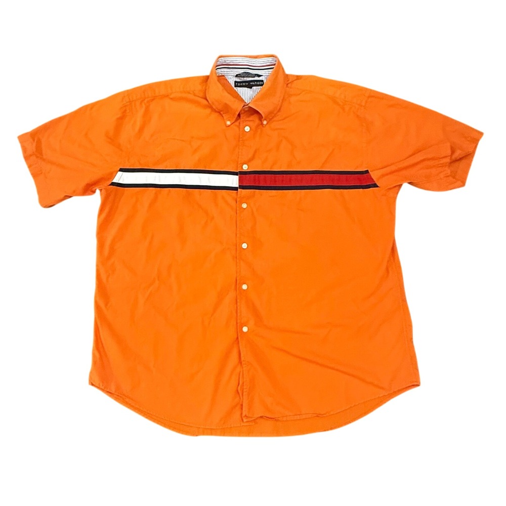 VTG Tommy Hilfiger Button Down Shirt Short Sleeve Striped‎ Orange Casual Size XL